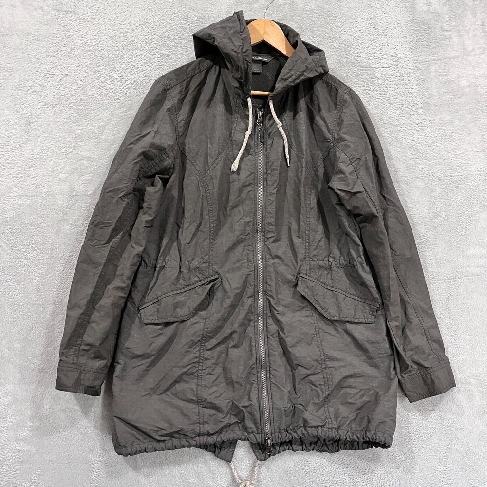 Eddie Bauer Raincoat Jacket Womens Large Gray Hooded Waterproof Lightweight